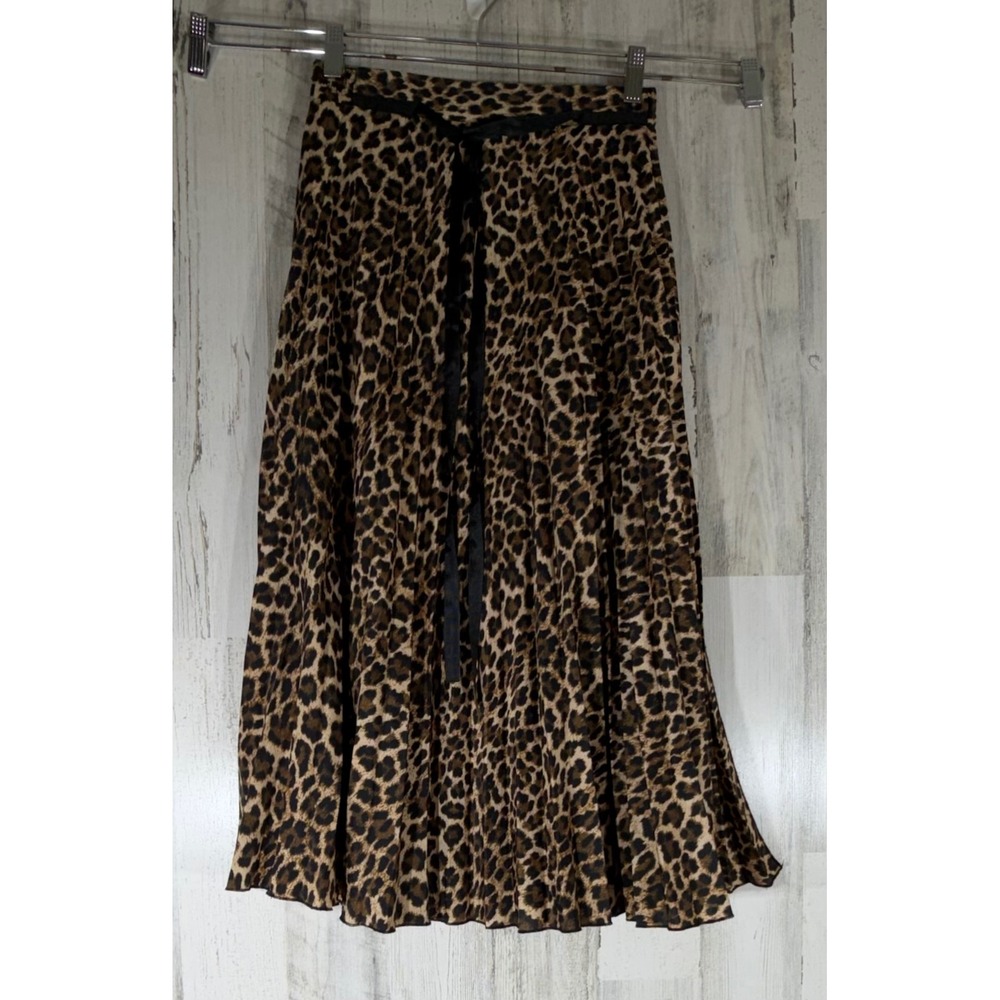 Zara Basic Pleated Skirt XS Leopard Print Brown Black Midi Elastic Waist Slit